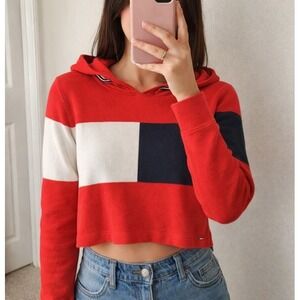 Tommy Hilfiger Denim Women's Red Color Block Crop Hoodie Sweatshirt Size‎ L